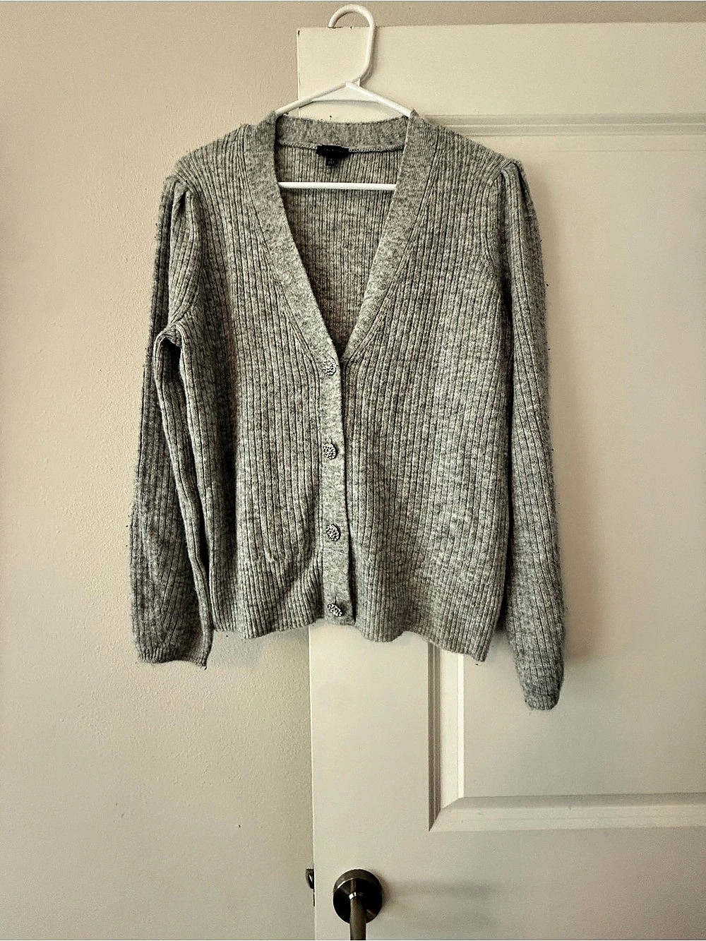 Talbots Soft Metallic Ribbed Rhinestone Button Cardigan Gray Large
